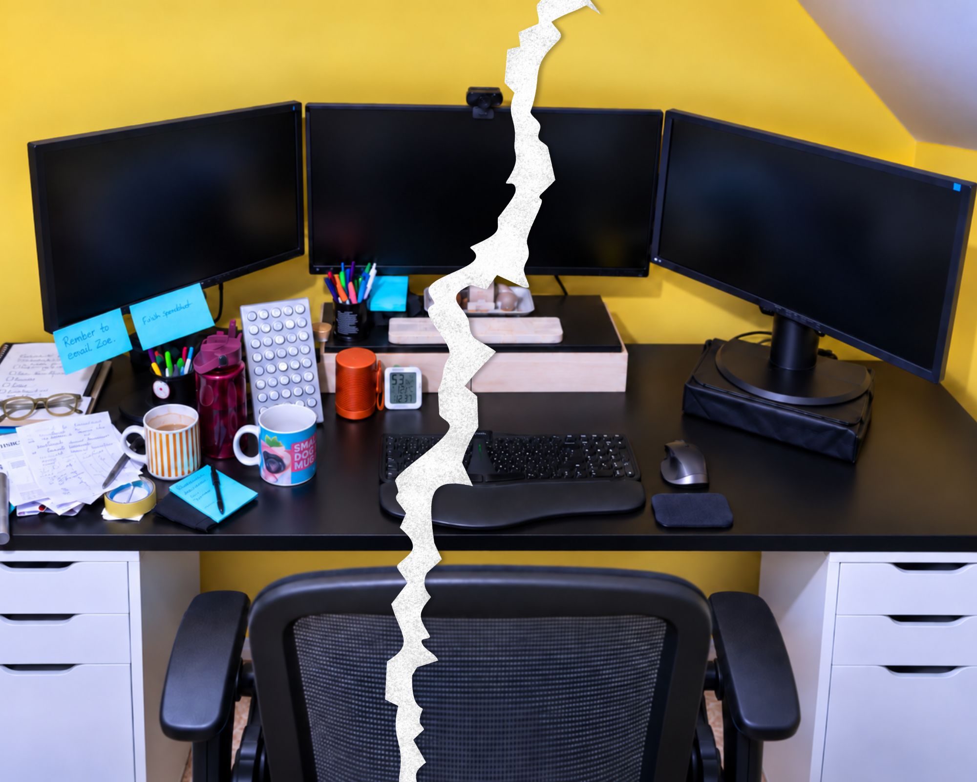 Kali’s desk showing a contrast between a cluttered and more organised workspace